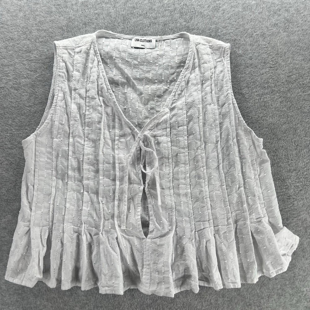 LNA Clothing Womens Small White Pleated Top Coastal Chic Tie Front 100% Cotton